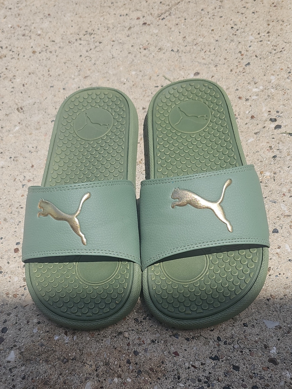 Puma Olive Green Slides with Metallic Gold Puma Emblem